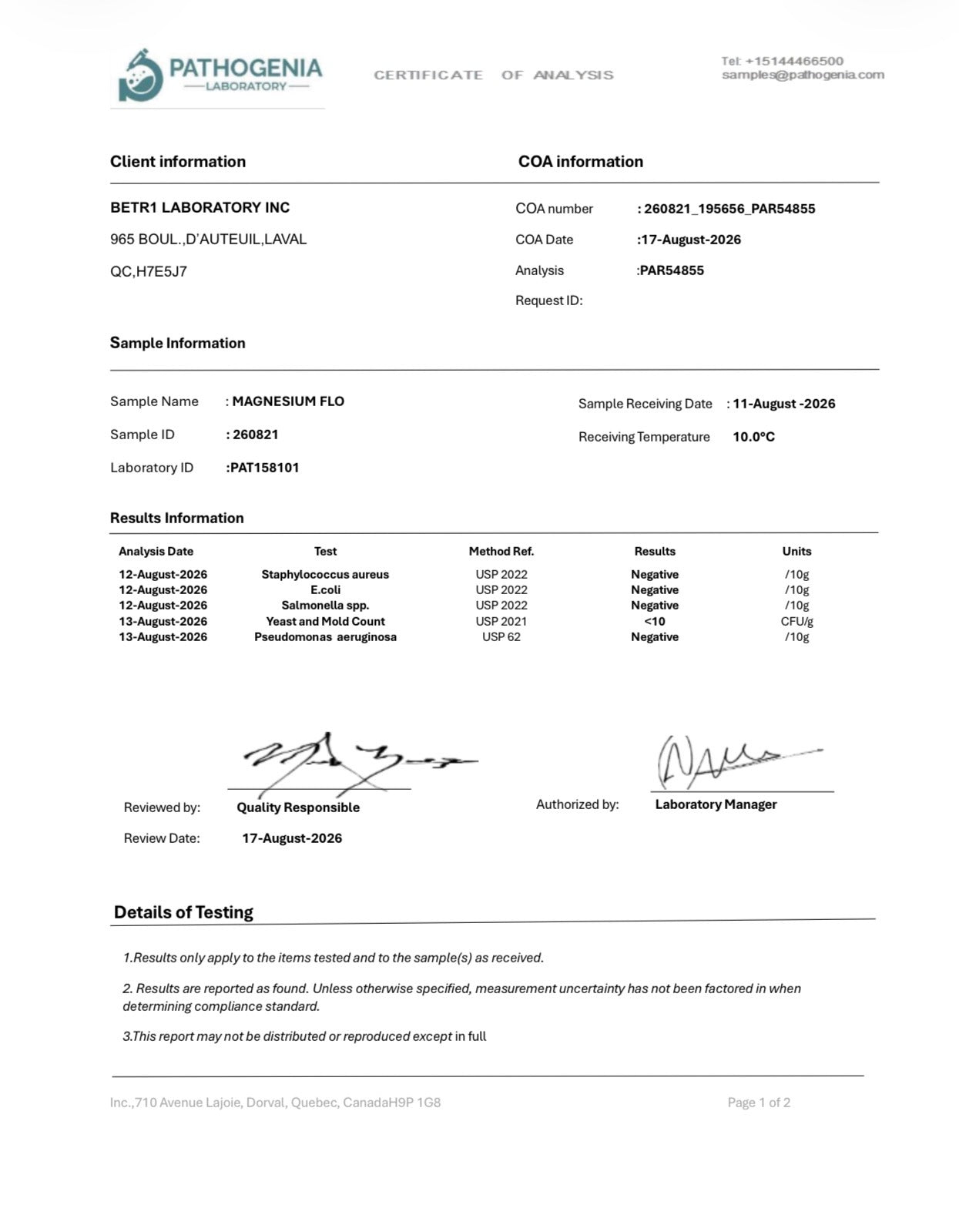 A laboratory certificate of analysis form from Pathogenia Laboratories, showing client information, COA information, sample information, results, and signatures for a MAGNESIUM FLU test.